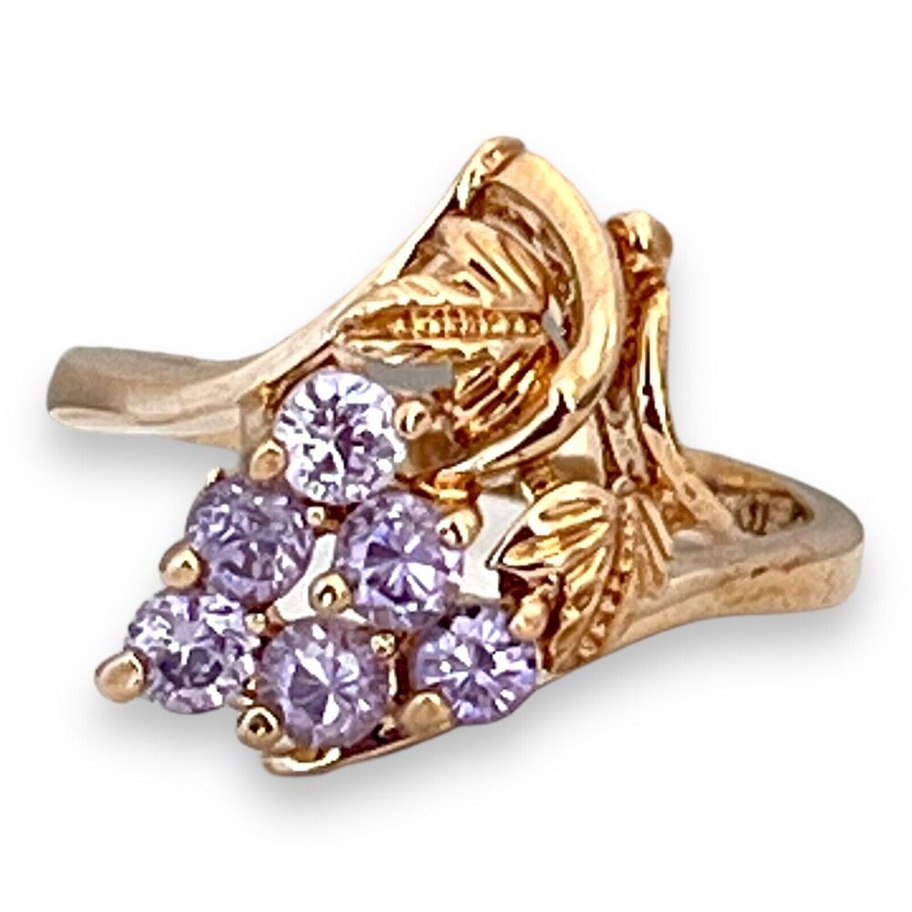 Vintage 1980s Grape Cluster Ring Size 9 Amethyst CZ 14KTGE Gold Plate - 14F